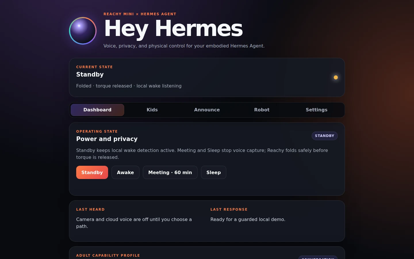 Reachy Mini Hermes dashboard showing sanitized Standby, folded and torque-released demo status with power and privacy controls.
